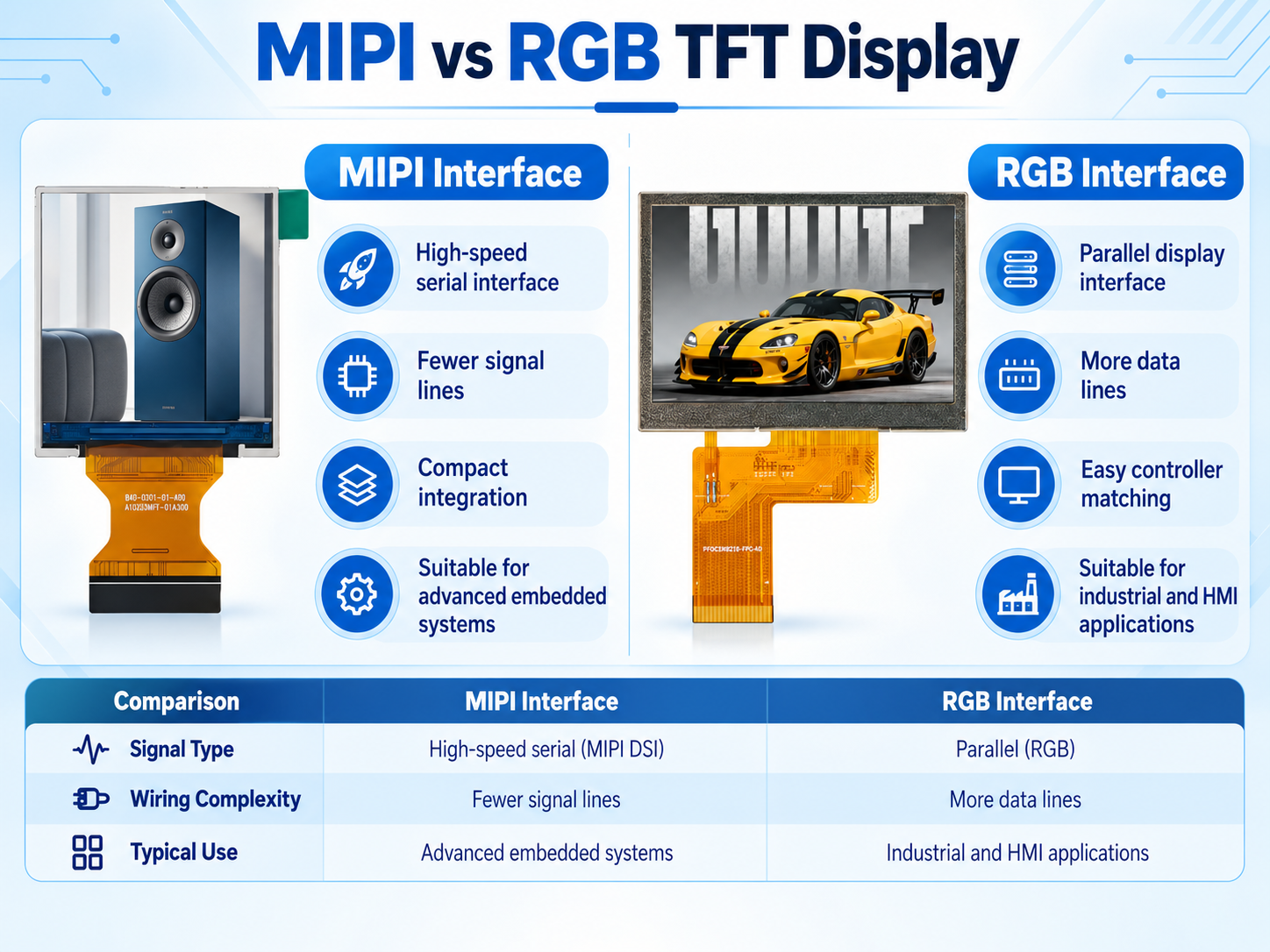 RGB or MIPI TFT LCD? Compare signals, connectors, compatibility and customization before choosing an embedded display. RGB vs MIPI TFT LCD | Interface Comparison Guide